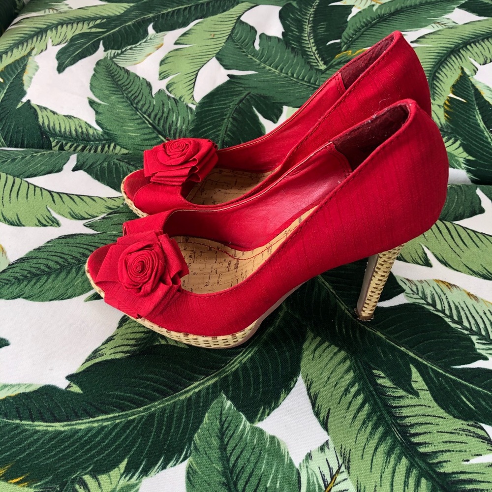 Faux Red Silk Rattan Heels by Anne Michelle